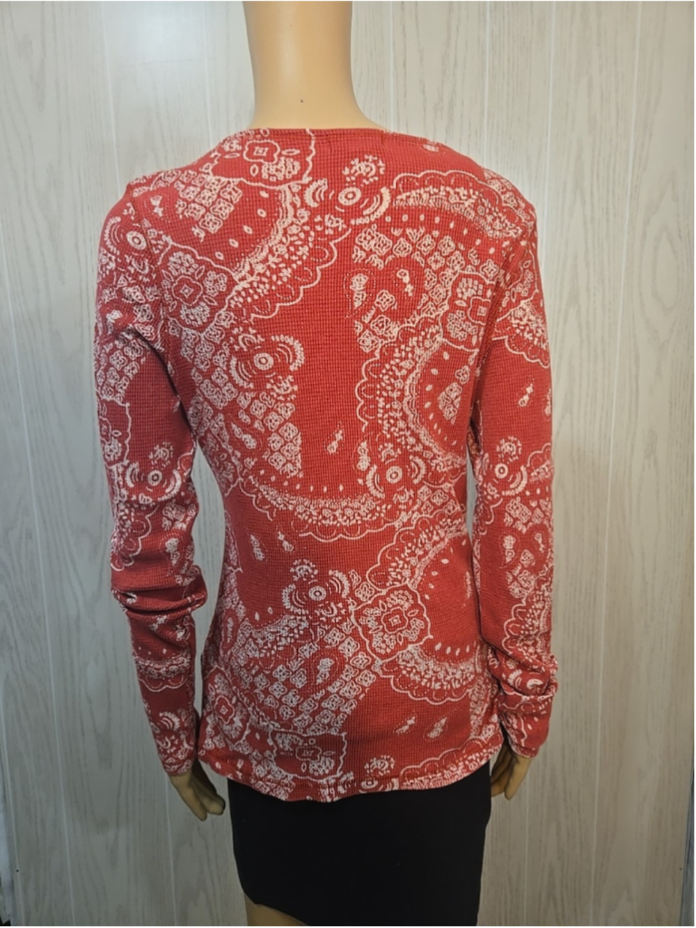 Lucky Brand XL Waffle Knit Paisley Long Sleeve Top Red Boho Casual Relaxed Fit - Picture 6 of 7